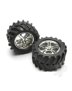 Tyres & wheels, assembled, glued (SS (Split-Spoke) chrome wheels, Maxx Chevron Tyres, foam inserts) (2) (fits Revo / T-Maxx / E-Maxx with 6mm axle and 14mm hex)
