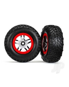 Tyres & wheels, assembled, glued (SCT Split-Spoke chrome, red beadlock style wheels, dual profile (2.2" outer, 3.0" inner), SCT off-road racing Tyres, inserts) (2) (front / rear)